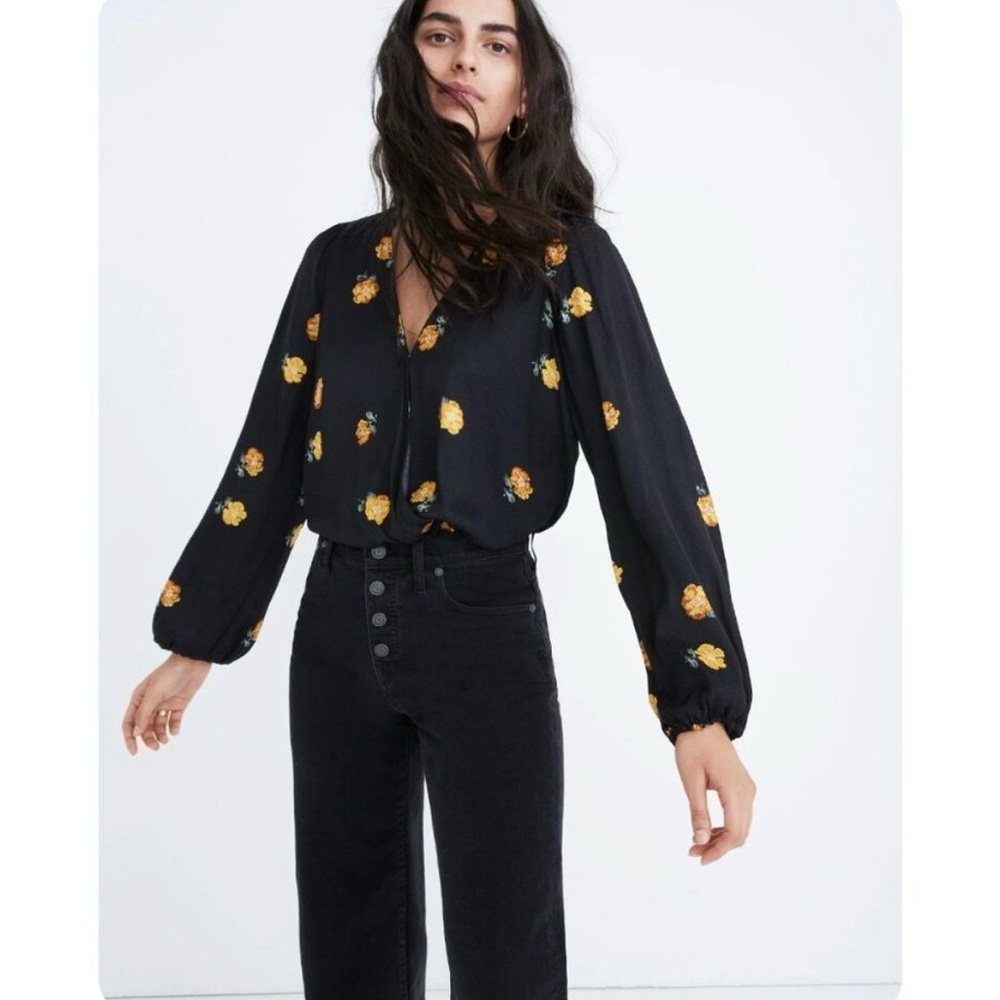 Madewell Bubble-Sleeve Wrap Top in Floating Florets Medium Long Sleeve